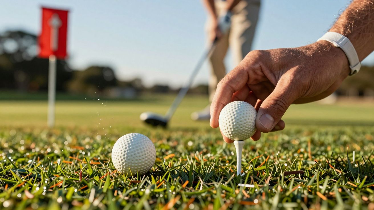 Jogador de golfe coloca bola no tee enquanto prepara tacada no campo, com bandeira ao fundo.