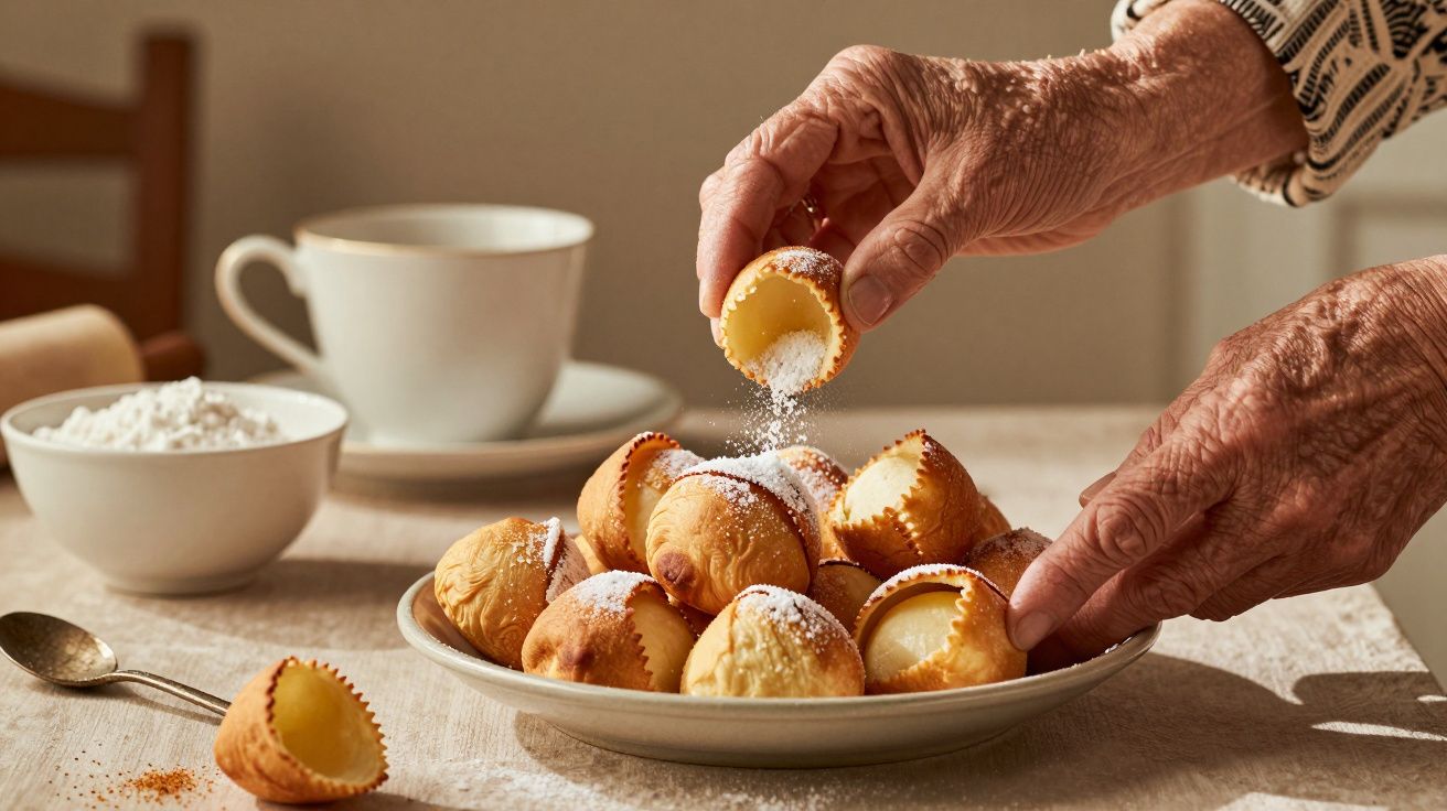 Mãos polvilham açúcar em docinhos num prato, com chávena e tigela ao fundo.