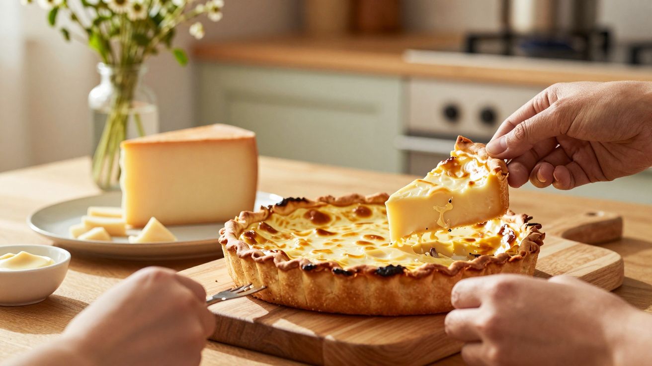 Tarte de queijo sobre tábua de madeira, com fatia a ser retirada por uma mão, fatia de queijo ao fundo.