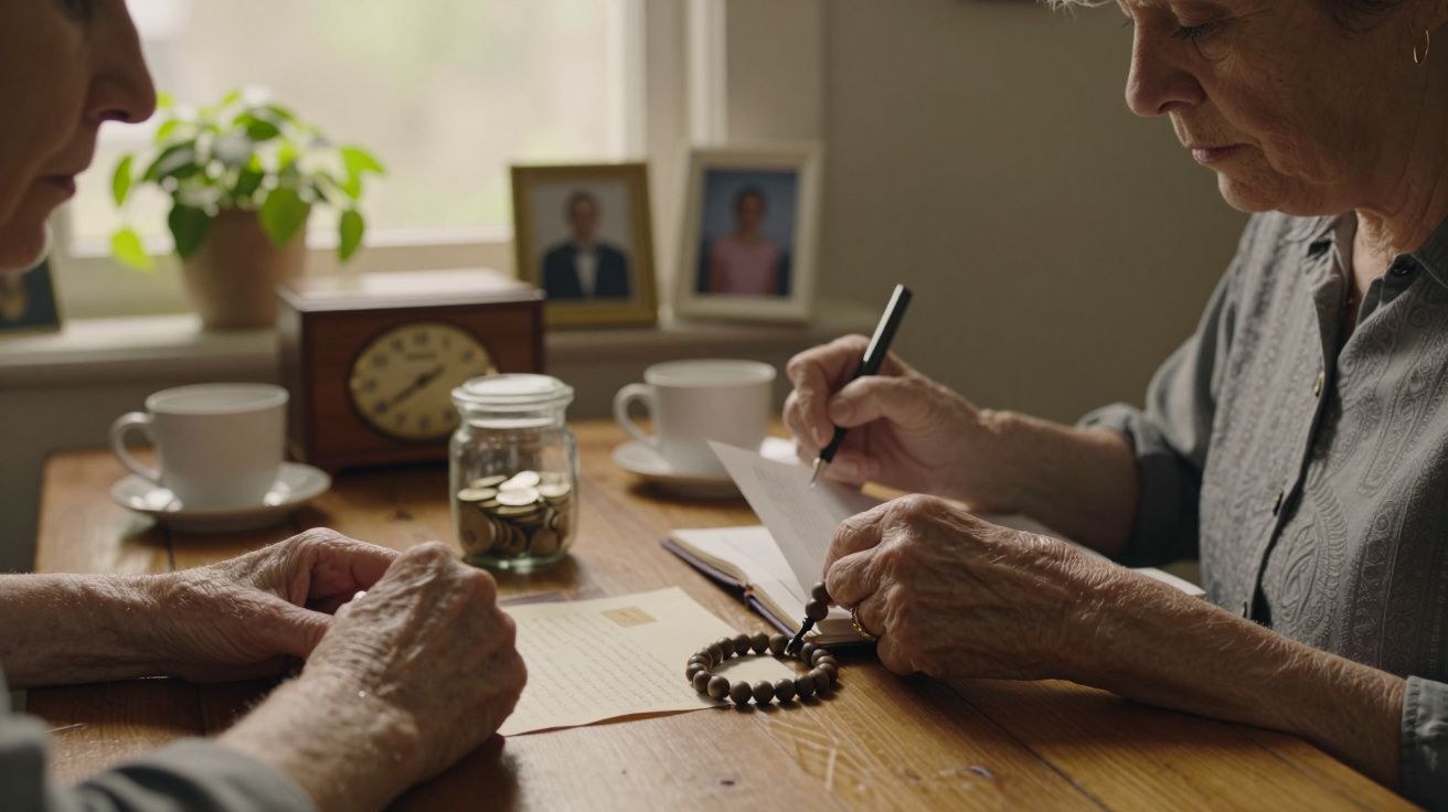 Duas pessoas escrevendo à mesa com chávenas de chá, retratos, um relógio e um frasco de moedas ao fundo.