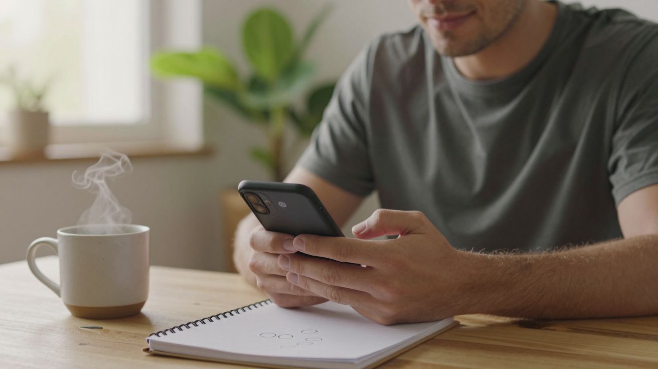 Homem sentado à mesa, segura um telemóvel com caderno e chávena a fumegar ao lado.