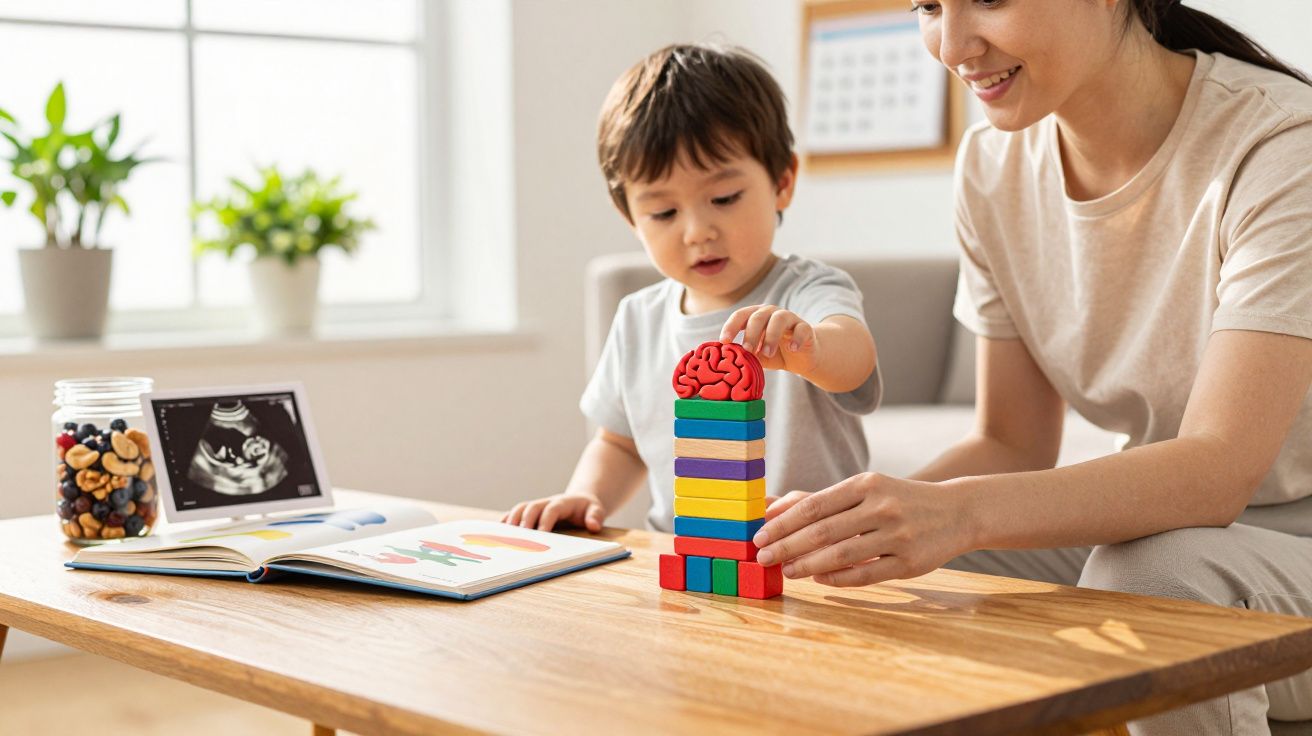 Mulher e criança brincam com blocos no interior iluminado; livro e foto em cima da mesa.