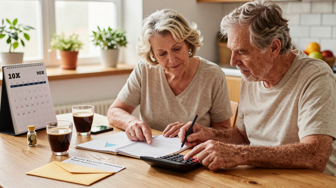 Casal idoso faz contas na mesa da cozinha, usando uma calculadora e bloco de notas, com café e papéis ao lado.
