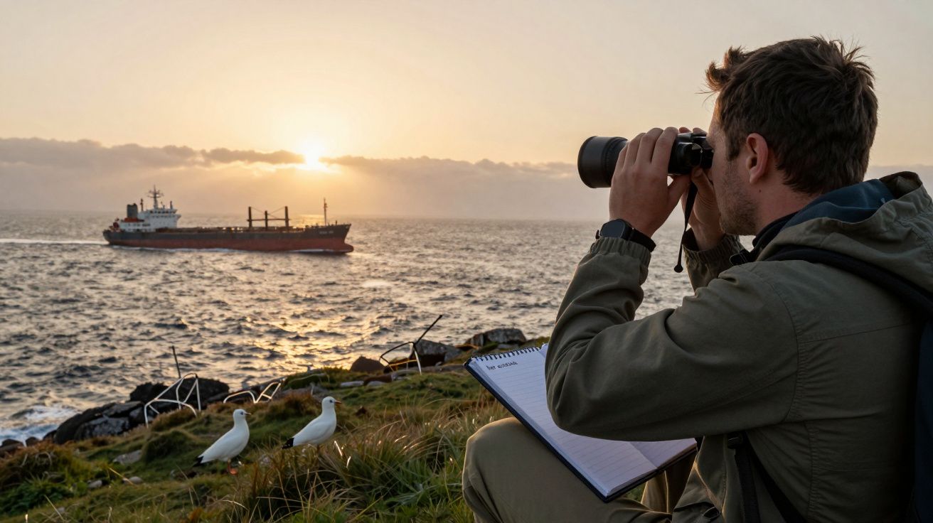Homem observa navio ao pôr do sol com binóculos, anotações ao lado, duas gaivotas na relva em primeiro plano.