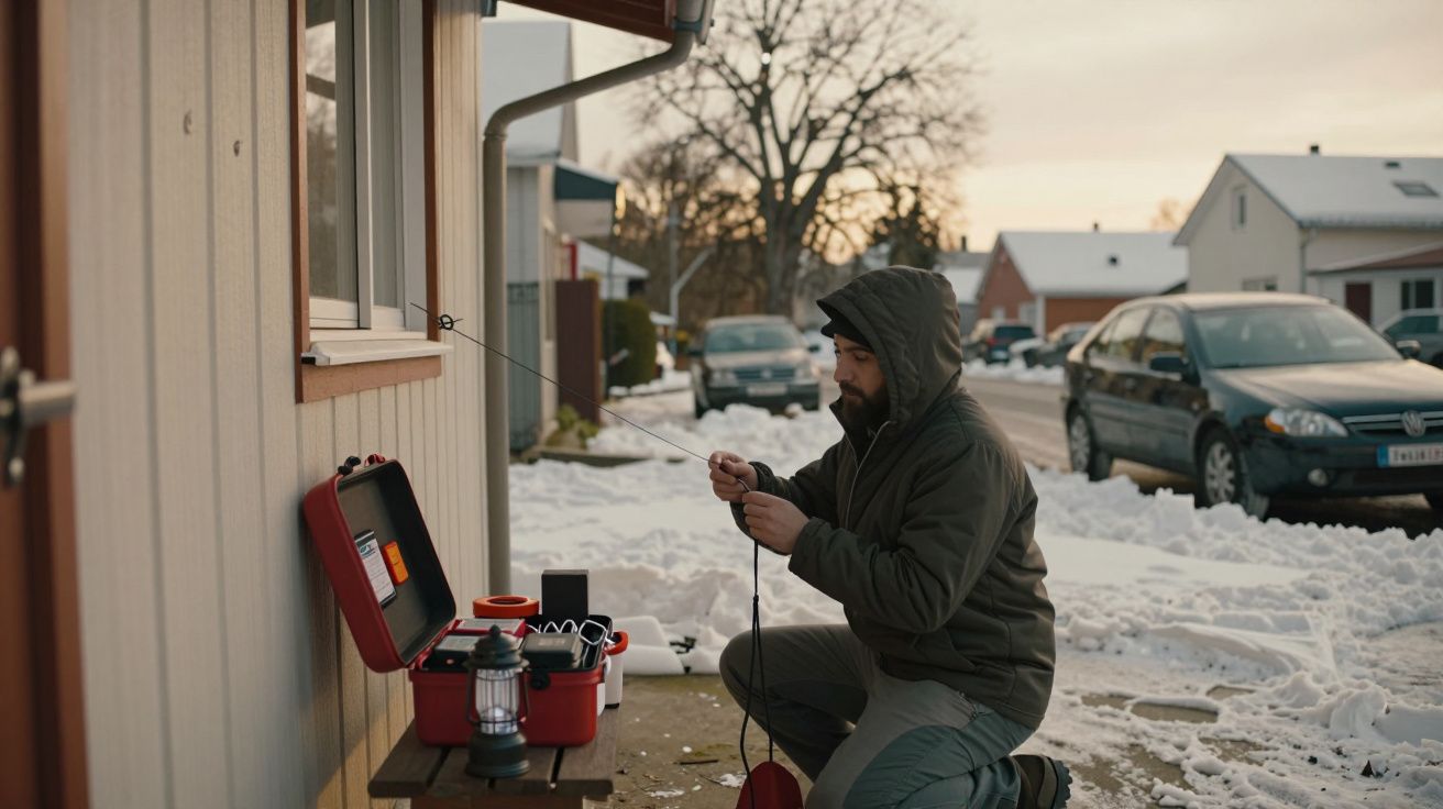 Homem ajoelhado na neve conserta cabo ao lado de uma casa, com ferramentas em caixa vermelha. Carro e neve ao fundo.