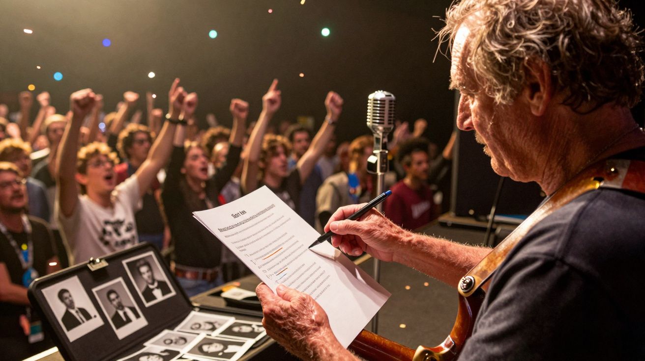 Músico lê documento no palco, com guitarra e multidão entusiasmada ao fundo levantando os braços.