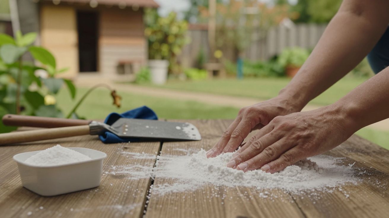 Mãos moldando massa de farinha numa mesa de madeira ao ar livre, com uma espátula ao lado.