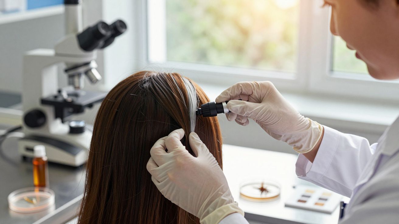 Médico examina couro cabeludo de uma paciente com aparelho, ao lado de um microscópio em ambiente de laboratório.