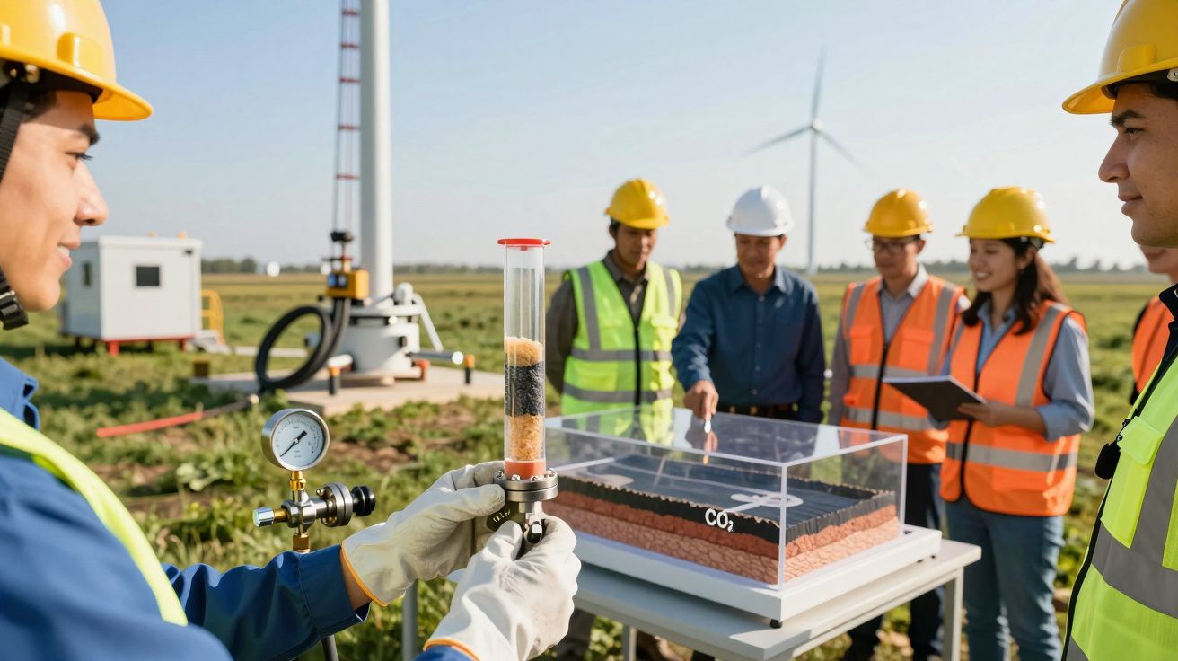 Trabalhadores com capacetes e coletes refletores analisam equipamento e modelo de captação de CO2 em campo eólico.