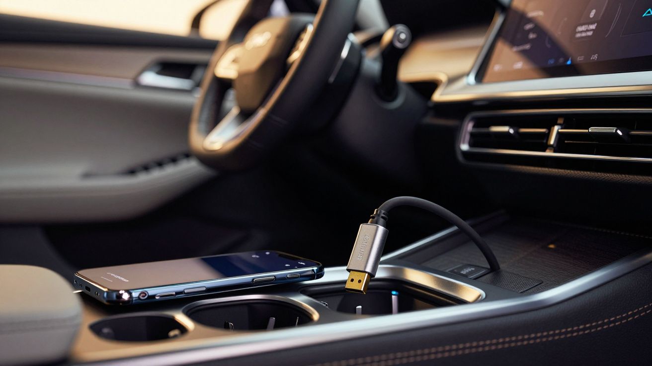 Smartphone num carro conectado por cabo USB dourado num suporte entre os bancos da frente.