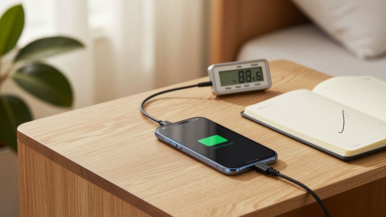 Smartphone a carregar na mesa ao lado de um bloco de notas aberto e um termómetro digital.