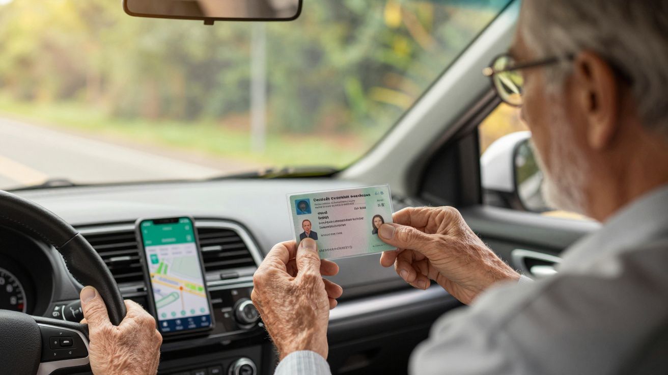 Homem idoso no carro, segurando carta de condução, GPS visível no telemóvel no painel de controlo.