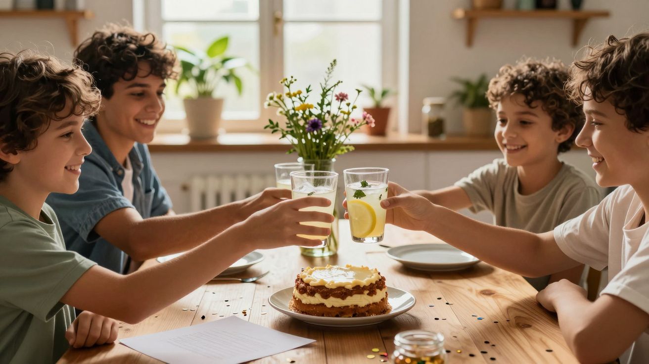 Quatro crianças brindam com sumo à volta de uma mesa com um bolo, num ambiente alegre e ensolarado.