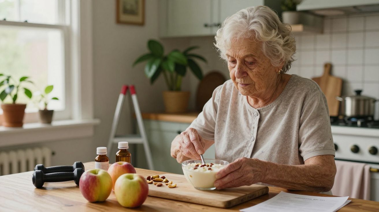 Idosa prepara uma tigela de iogurte com frutos secos numa cozinha, com maçãs, halteres e frascos sobre a mesa.
