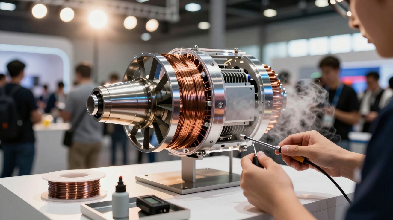 Pessoa trabalha num motor elétrico com bobinas de cobre numa exposição tecnológica.