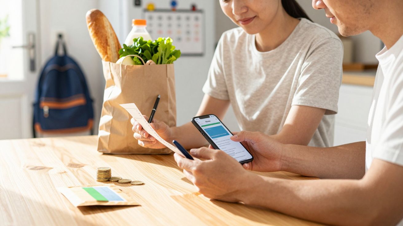 Casal verifica recibo de compras com telemóvel na cozinha. Sacola com alimentos e moedas sobre a mesa.