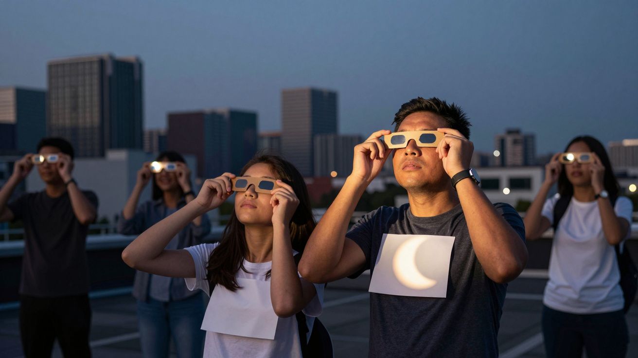 Grupo de pessoas observa o céu ao anoitecer usando óculos especiais para eclipse num ambiente urbano.