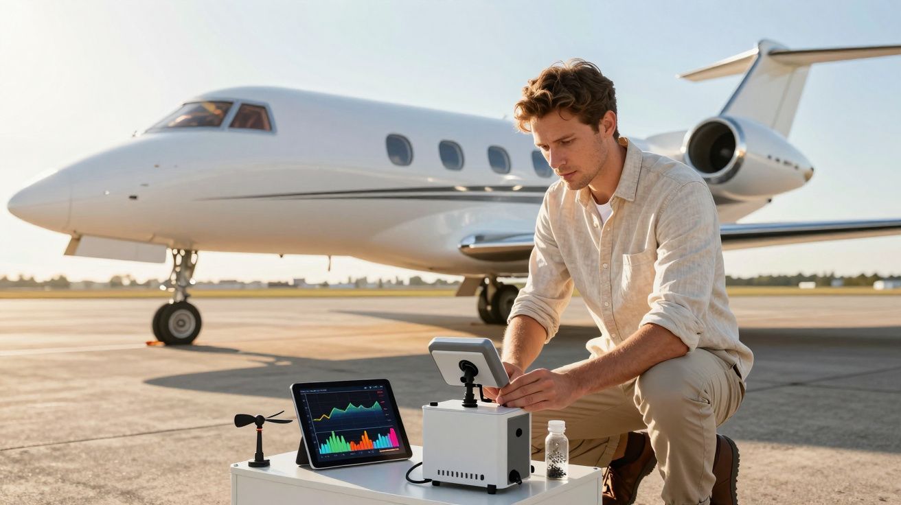 Homem operando equipamento tecnológico ao lado de um jato em pista de aeroporto, com tablet exibindo gráficos.