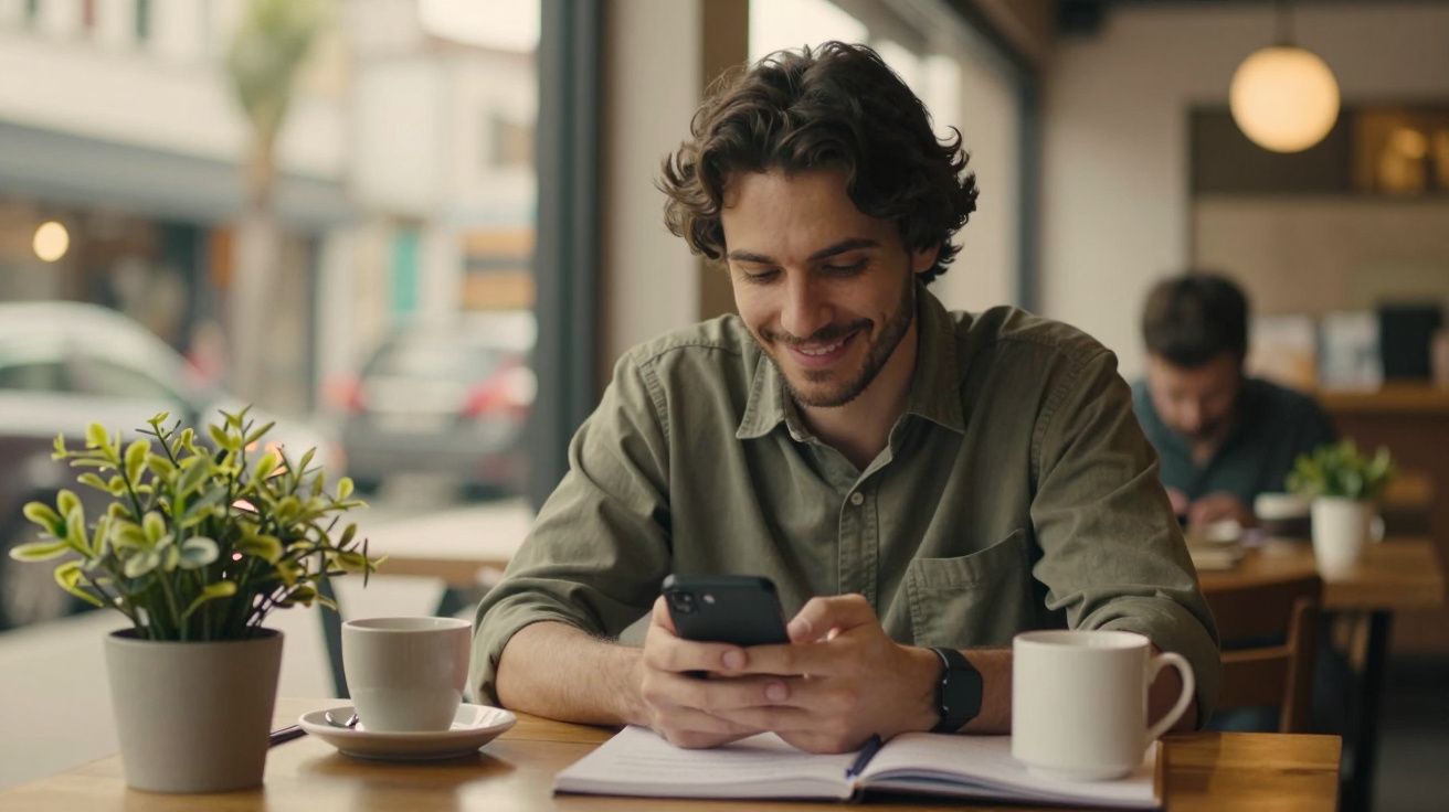 Homem sorridente usa smartphone numa cafetaria, com caderno e chávenas na mesa.