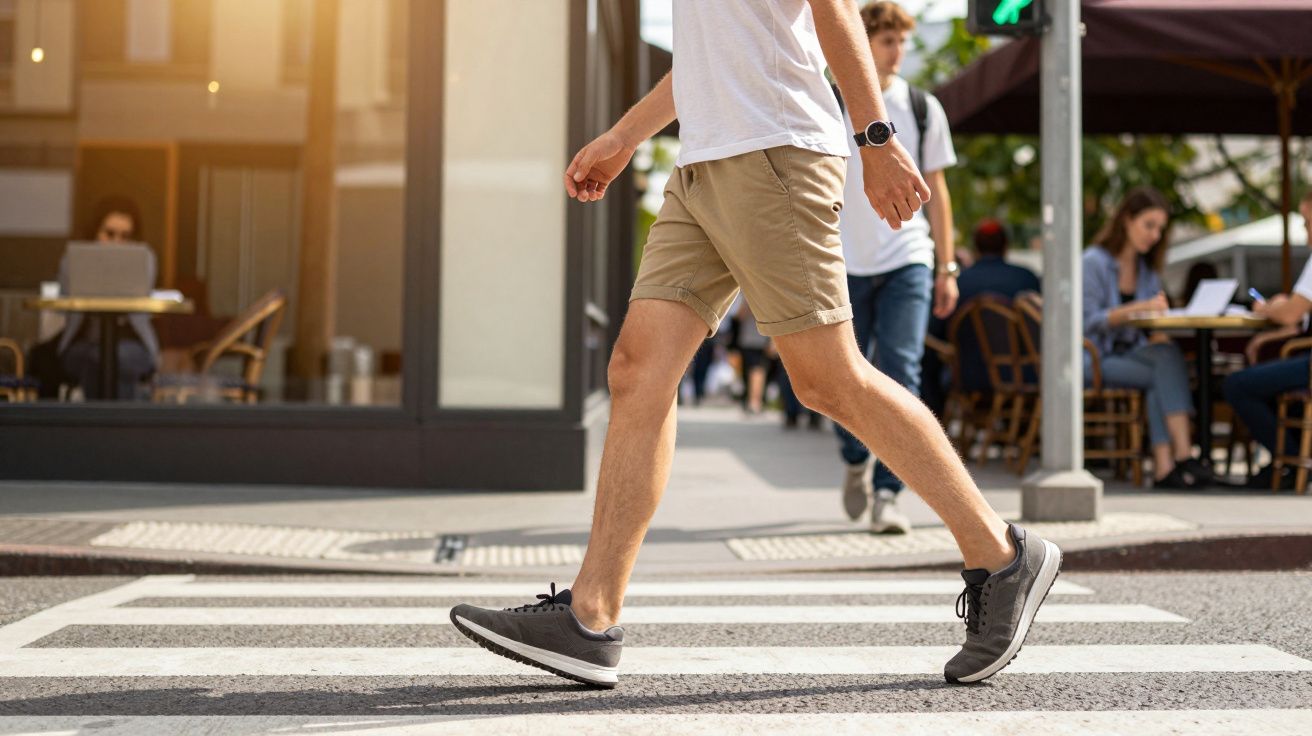 Homem a atravessar passadeira numa rua urbana, com café ao fundo e pessoas sentadas.