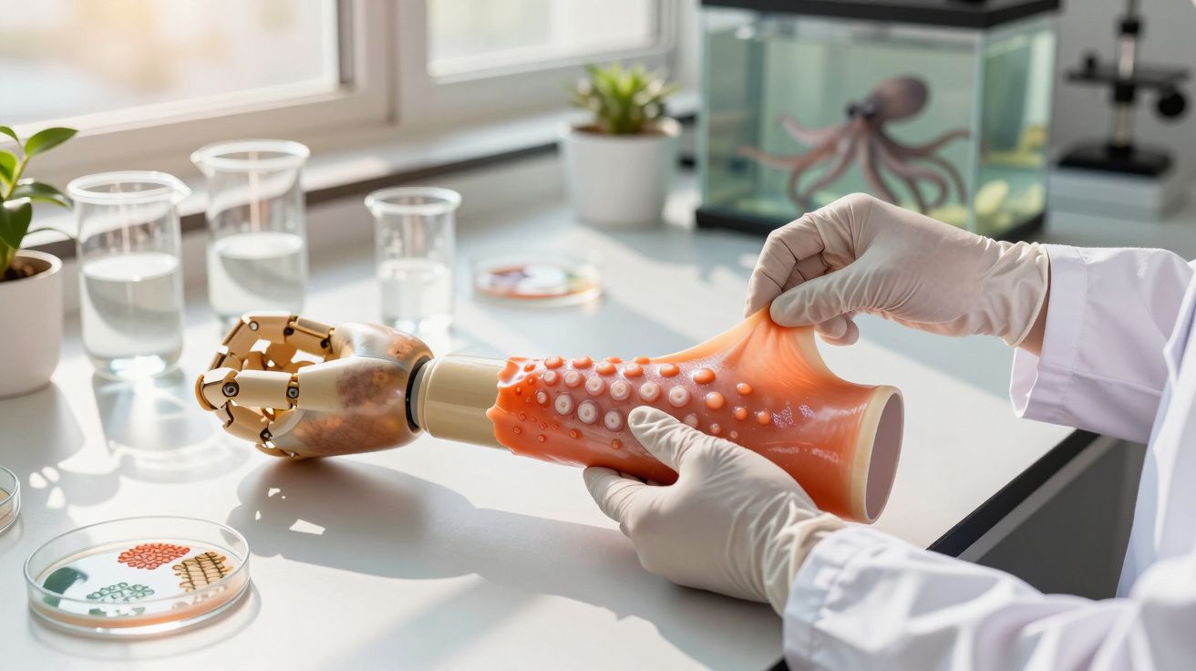 Cientista ajusta manga de tentáculos a prótese de braço em laboratório, com recipientes e aquário ao fundo.