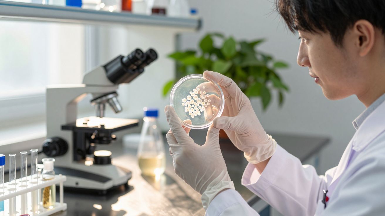 Cientista analisa amostras numa placa de Petri em laboratório, com microscópio e tubos de ensaio ao fundo.