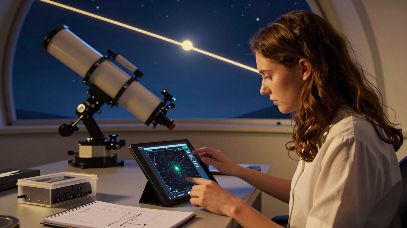 "Mulher a estudar dados astronómicos num tablet, com telescópio ao fundo e janela mostrando o espaço estrelado."