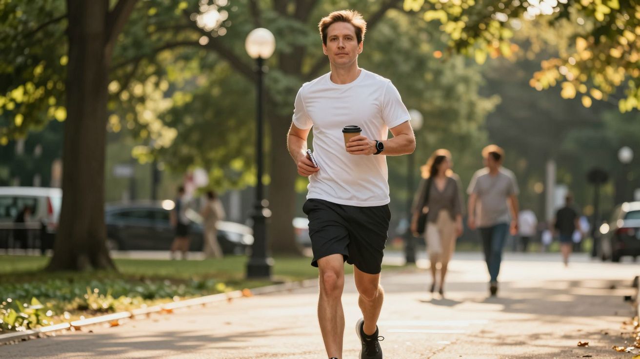 Homem a correr em parque, segurando copo de café. Outras pessoas e árvores ao fundo. Dia ensolarado.