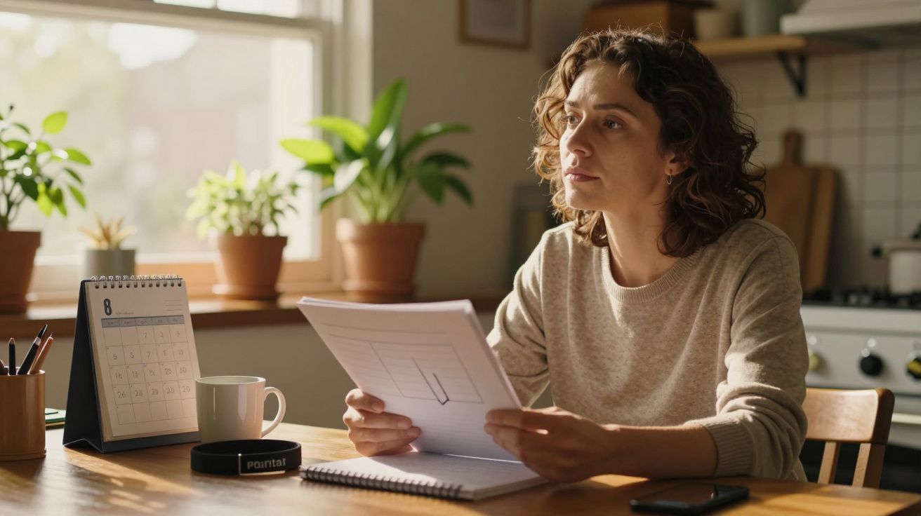 Mulher sentada à mesa com papéis, um calendário e plantas ao fundo.
