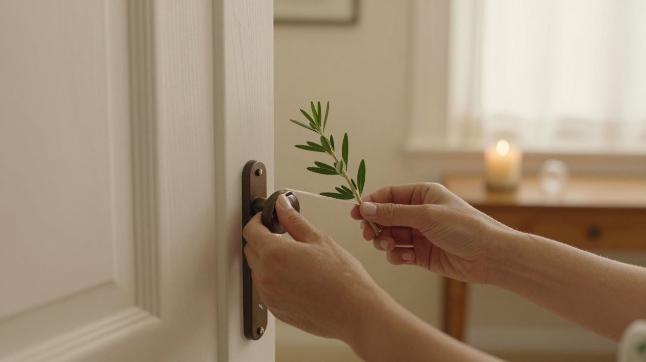 Mãos seguram um ramo de folhas verdes num buraco de fechadura numa porta, com uma vela acesa ao fundo.