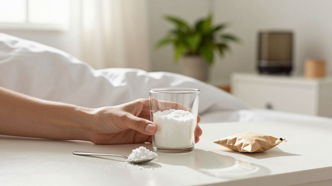 Mão segurando copo com sal, colher com sal ao lado, embrulho de papel pardo na mesa branca, planta ao fundo.
