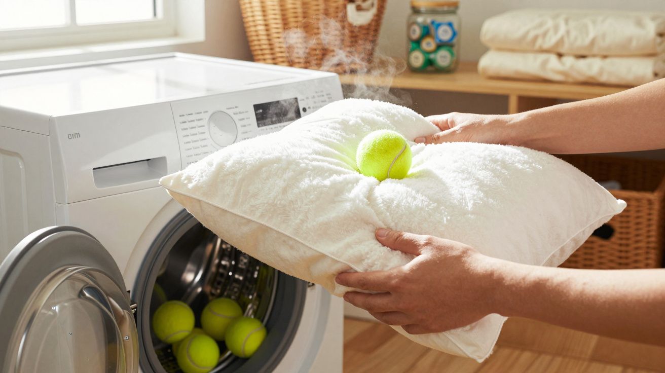 Pessoa coloca almofada com bola de ténis numa máquina de lavar roupa branca.