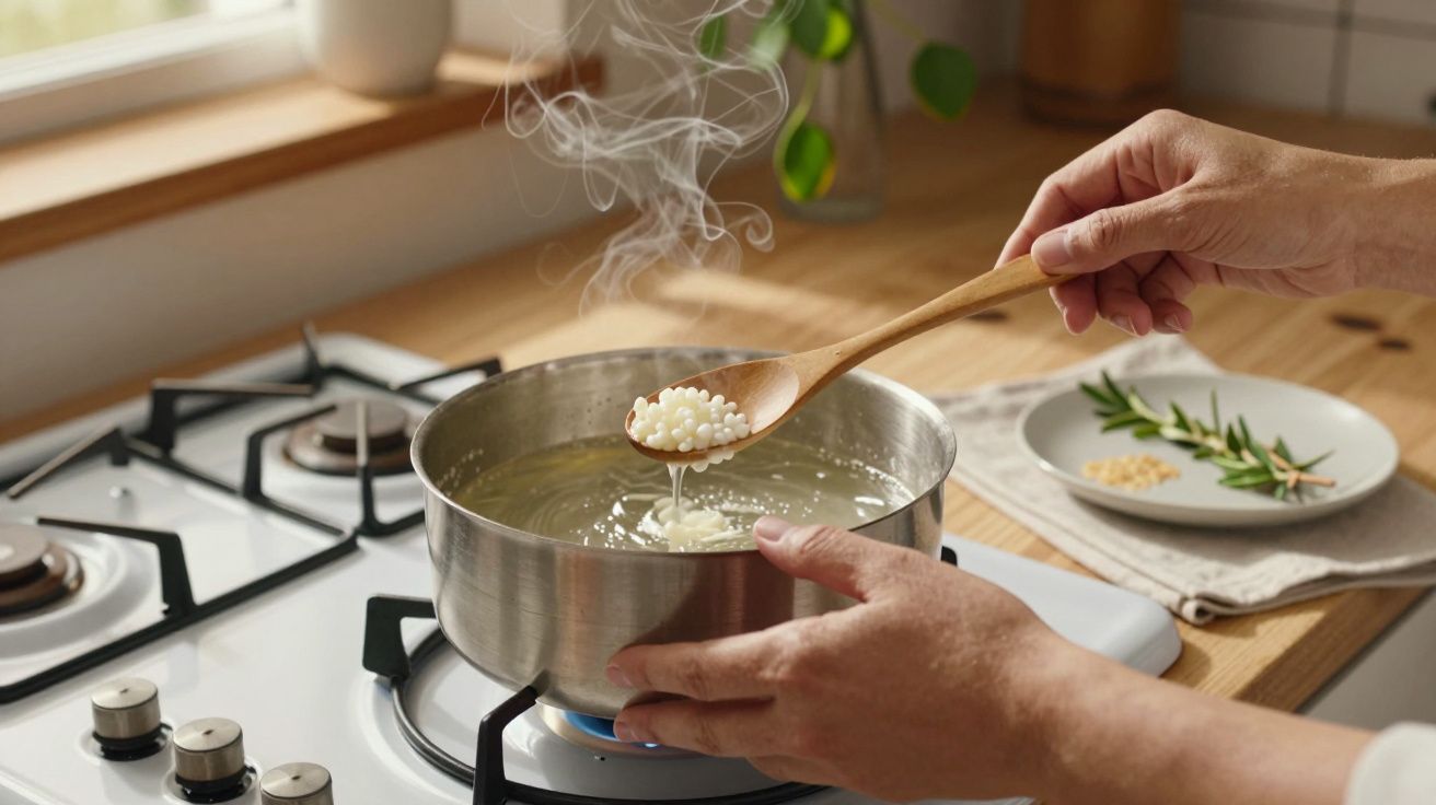 Pessoa cozinha bolinhas de tapioca numa panela ao lume, usando uma colher de madeira para mexer.