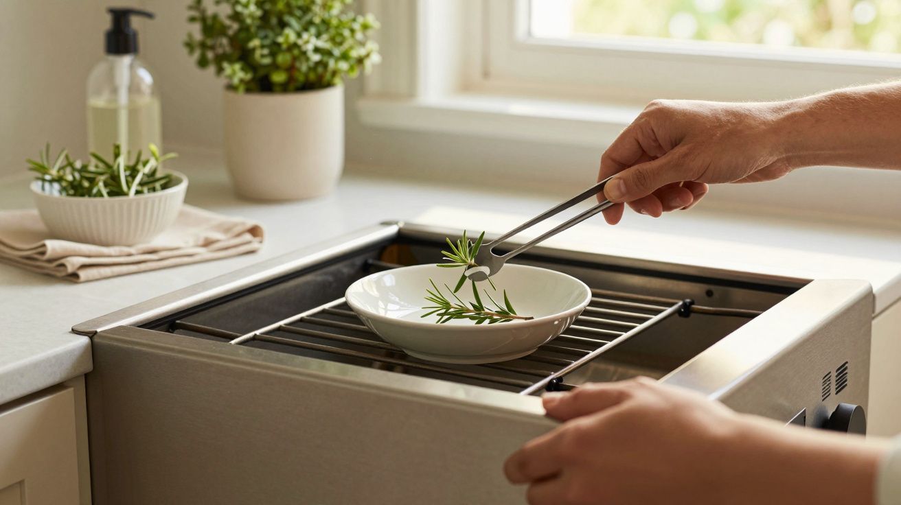 Mãos a colocar ramos de alecrim numa tigela sobre grelha; ambiente de cozinha ao fundo.