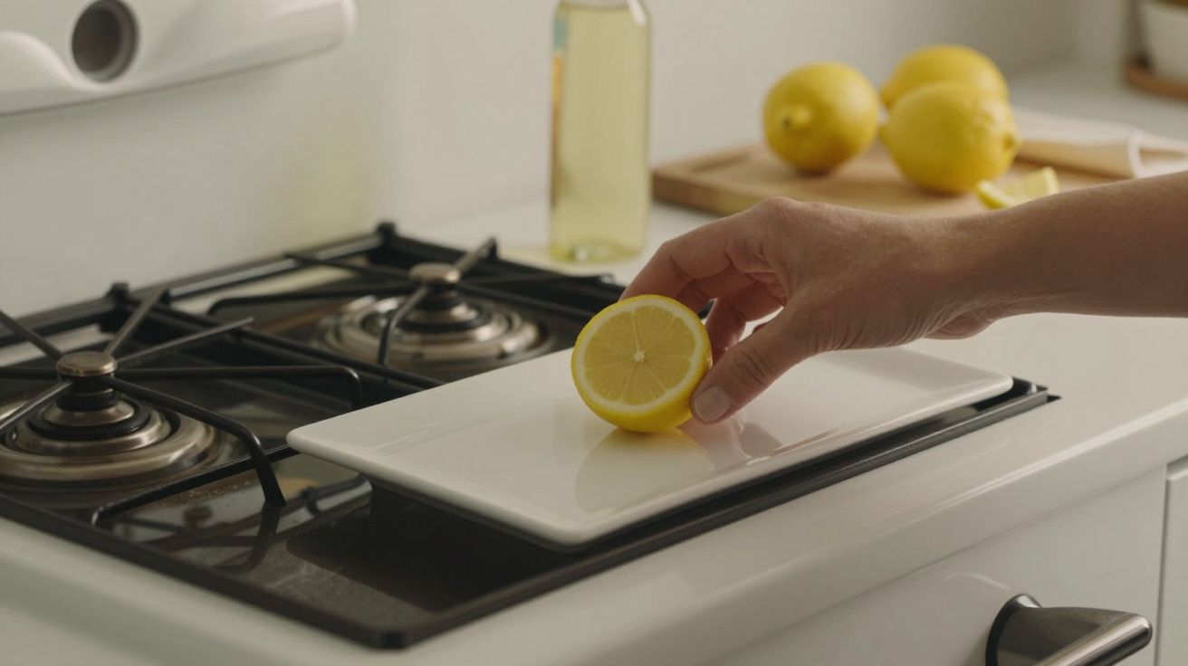 Mão segura meio limão sobre placa no fogão. Limões e garrafa desfocados ao fundo.