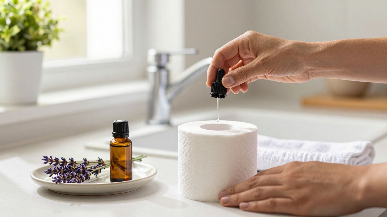 Mão a adicionar óleo essencial a rolo de papel higiénico, com lavanda e frasco âmbar ao lado.