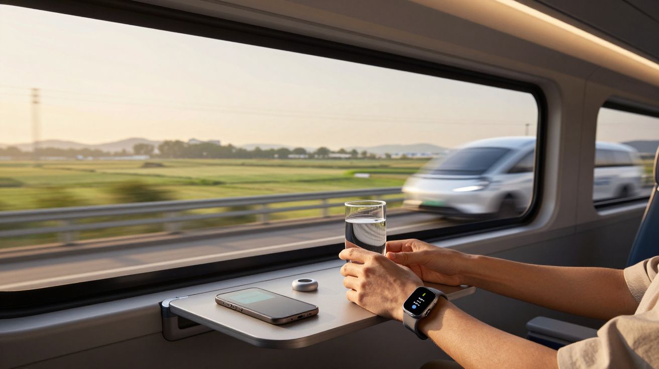 Pessoa no comboio segurando um copo, com relógio de pulso, ao lado de um smartphone sobre uma mesa dobrável.
