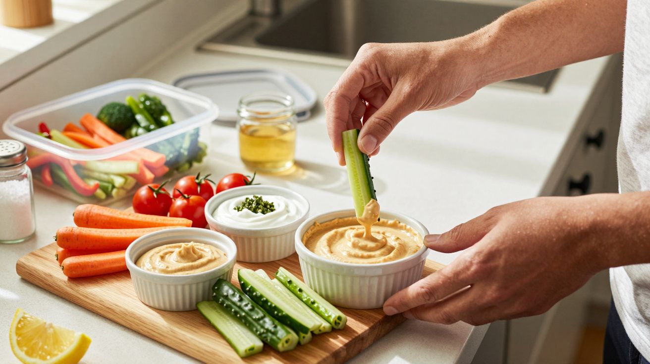 Pessoa mergulha pepino em molho, com vegetais e molhos sobre uma tábua numa cozinha.