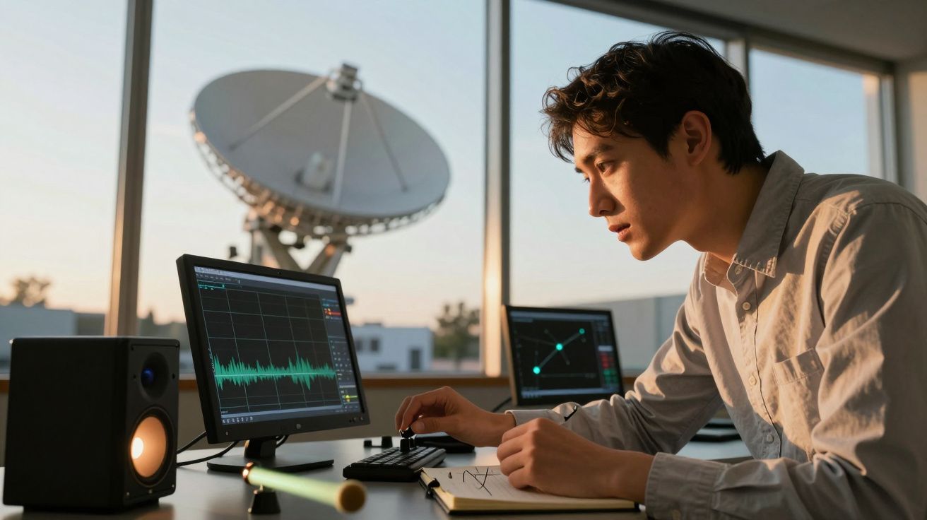 Pessoa a trabalhar num computador com gráficos científicos, com satélite ao fundo.