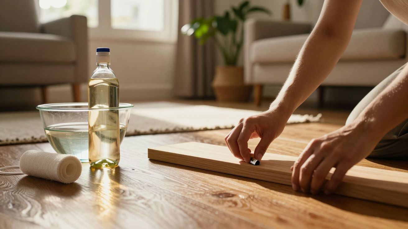 Pessoa conserta racha em madeira usando ferro quente. Ao lado, tigela com água e garrafa no chão de madeira.