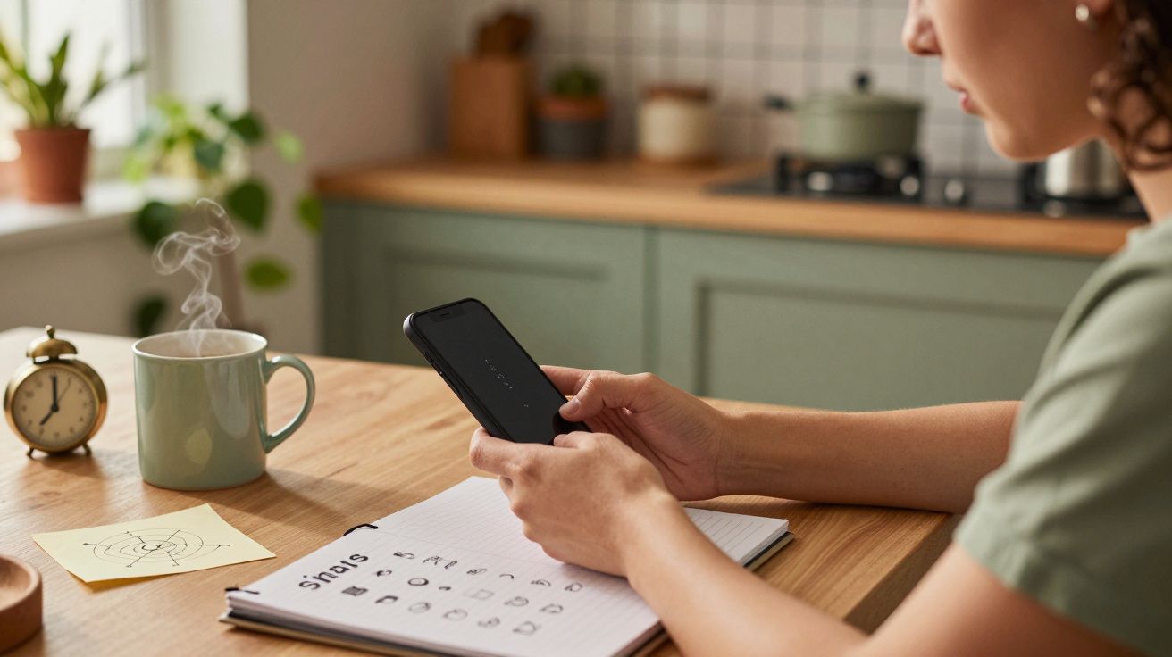 Mulher sentada à mesa da cozinha, segurando um telemóvel. Há um caderno, chávena fumegante e despertador ao lado.