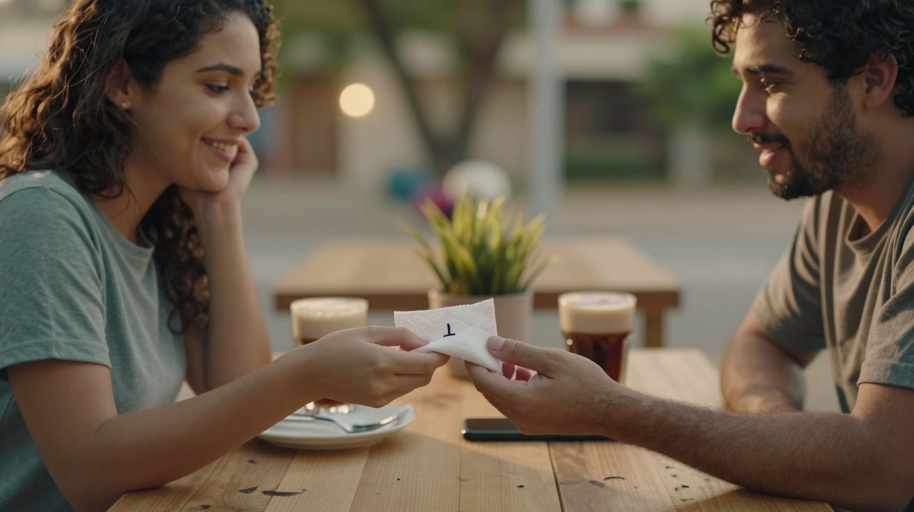 Casal a sorrir num café ao ar livre, trocando uma nota de papel com bebidas na mesa.