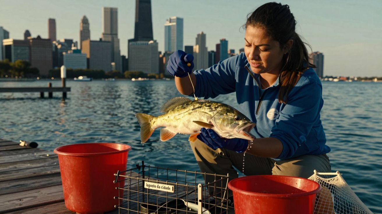 Mulher segurando um peixe num cais, com a cidade ao fundo, de luvas azuis, perto de baldes vermelhos e uma armadilha.