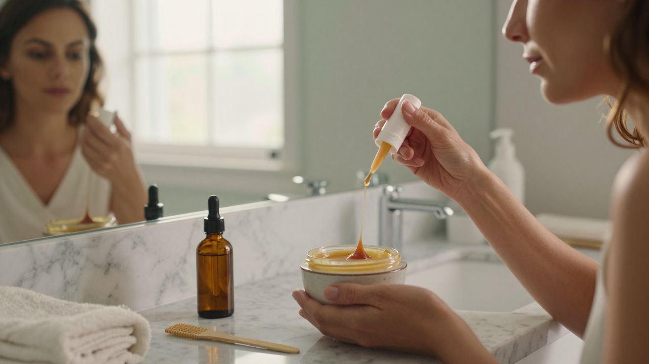 Mulher aplicando soro de bote com conta-gotas numa taça de cerâmica, com produtos de beleza na bancada da casa de banho.