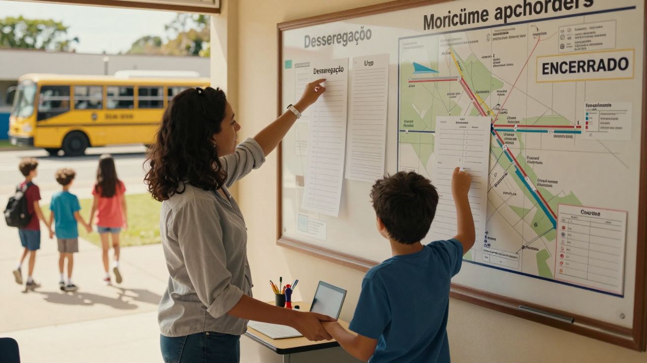 Mulher e criança examinam quadro com mapas e listas. Crianças saem de autocarro escolar ao fundo.
