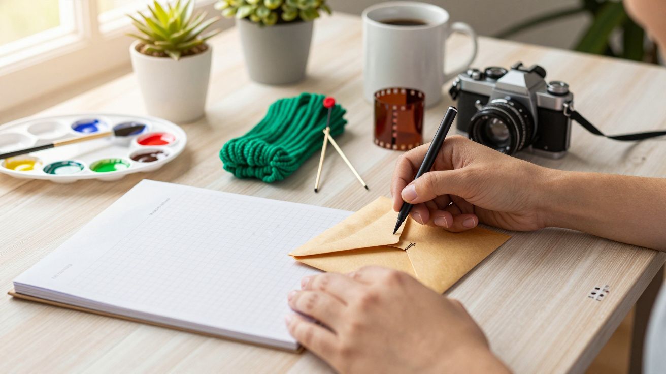 Pessoa escreve em envelope numa mesa com câmara, planta, chávena e materiais de arte.