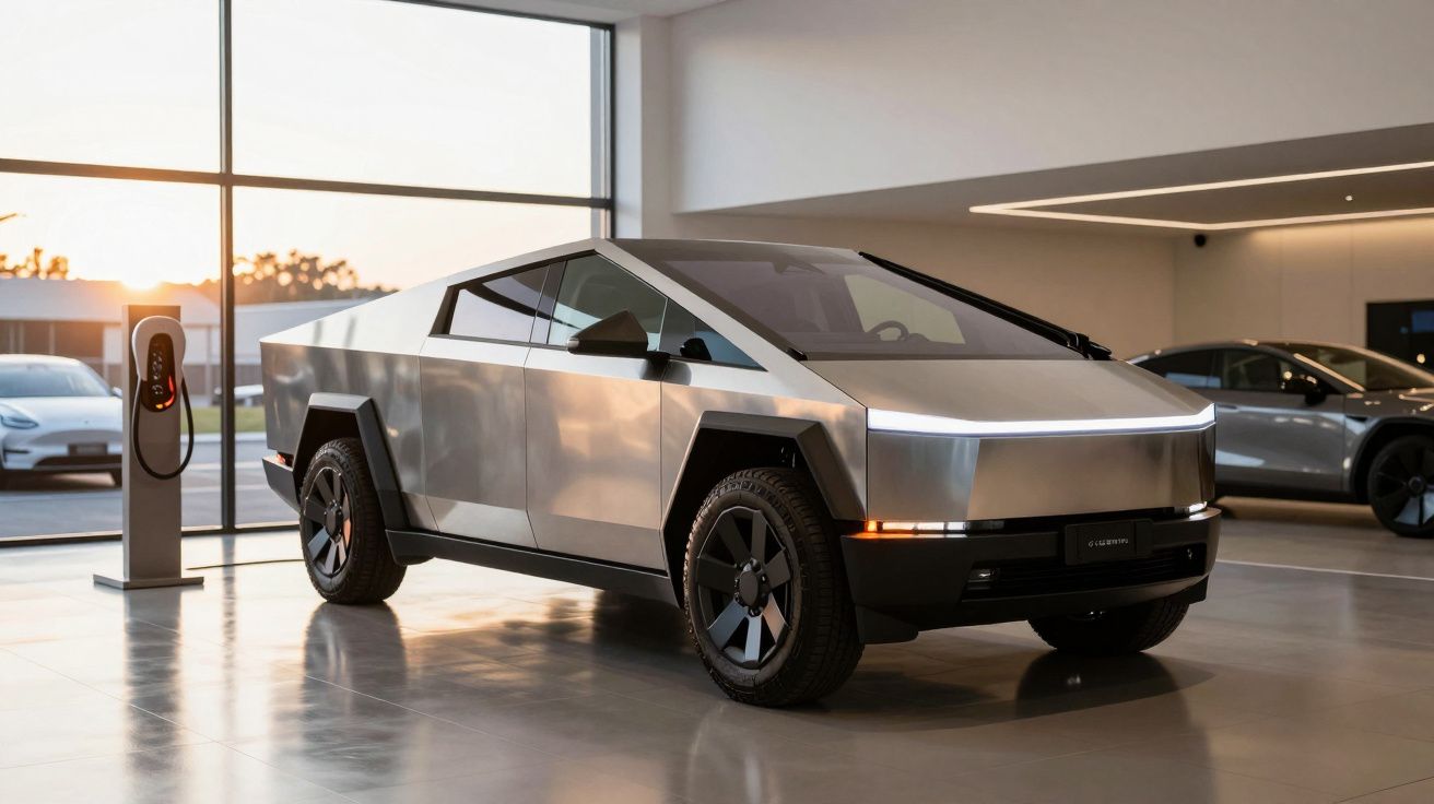 Carrinha elétrica prateada com design angular num showroom moderno, perto de uma estação de carregamento.