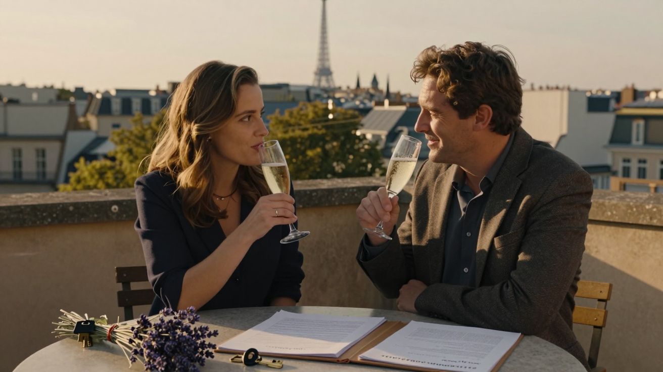 Casal brinda com champanhe em terraço com vista para a Torre Eiffel ao fundo, à luz do sol.