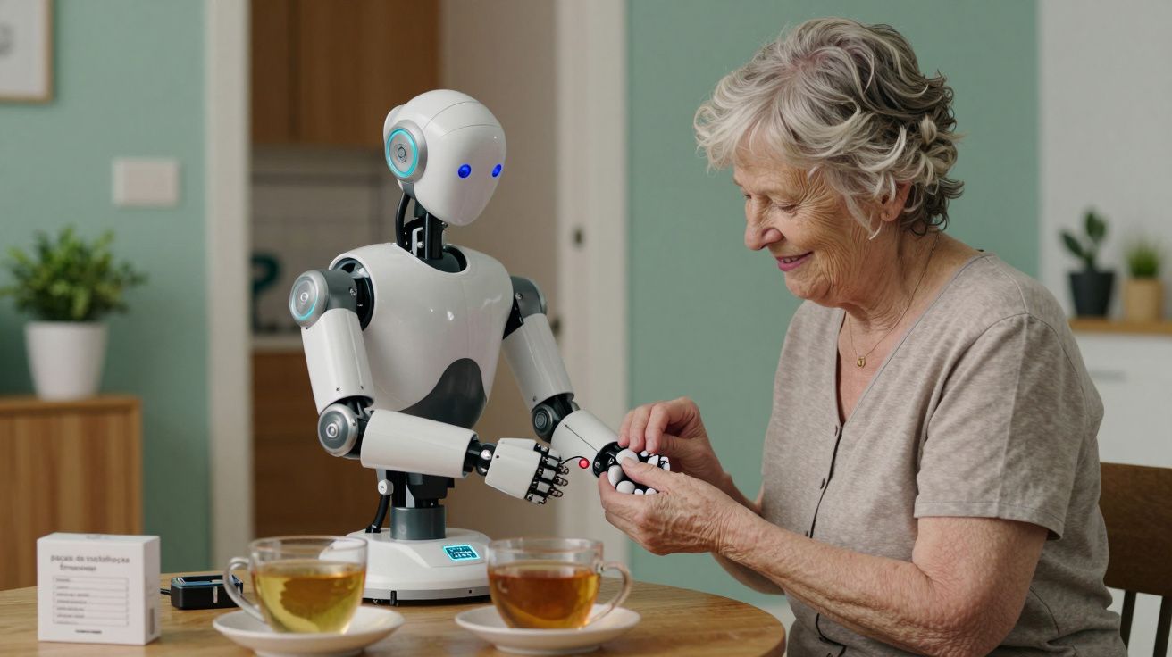 Idosa sorridente interage com robô humanoide numa mesa, com chavenas de chá à frente, numa sala acolhedora.