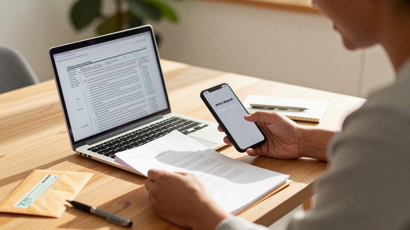 Pessoa trabalha na mesa com portátil e telemóvel, analisando documentos impressos.